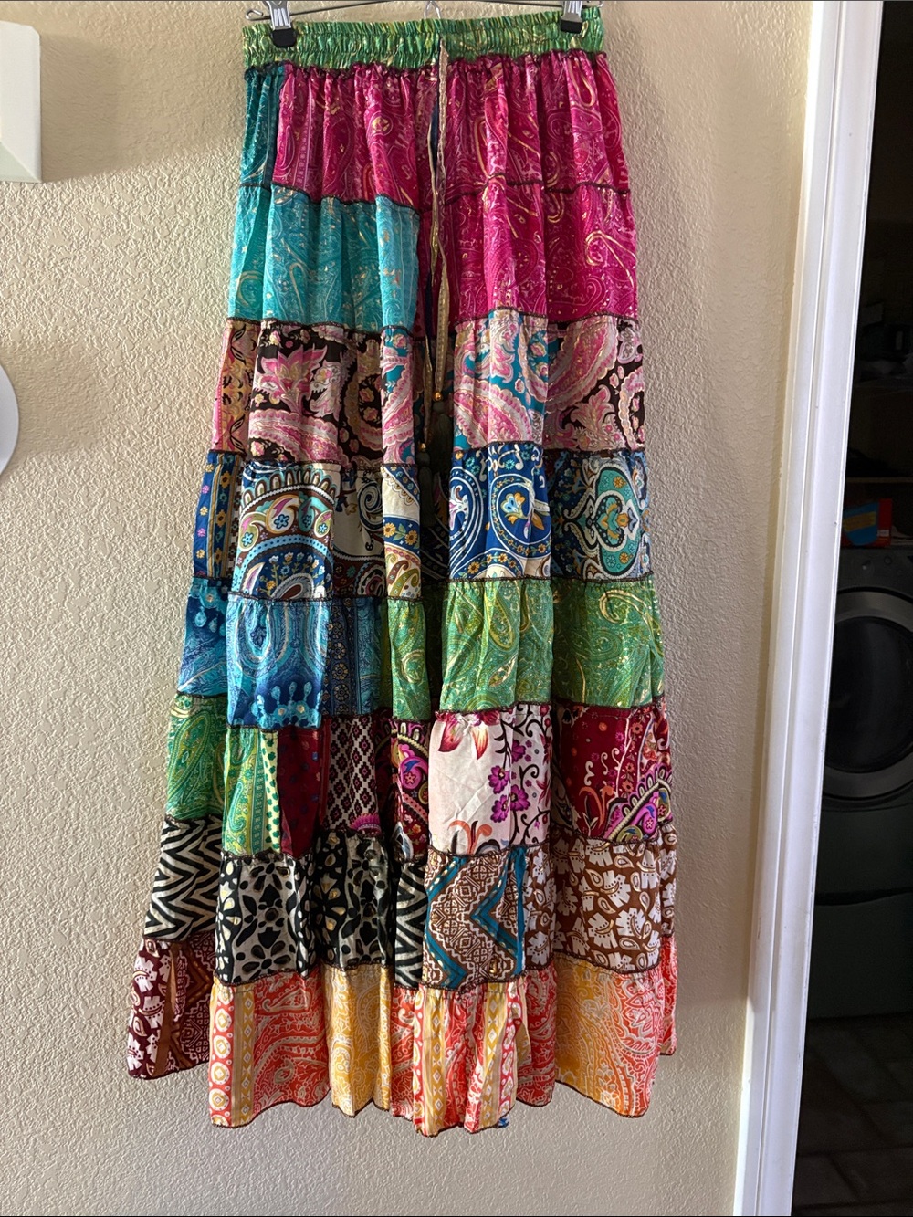 NWOT Patchwork Boho Maxi Skirt in Multicolor 70% silk Made in India